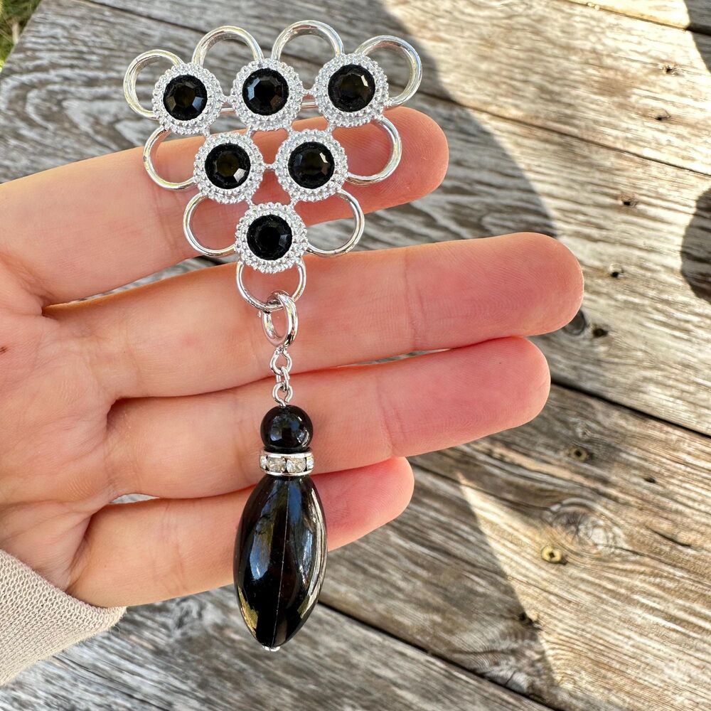 Vintage Silver Tone Brooch with Dangling Black Charm